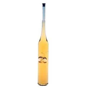 Glas Flasche mit zwei klaren Zwetschgen in Innerem Höhe 33 cm Inhalt 0,2 Liter mundgeblasen Klarglas