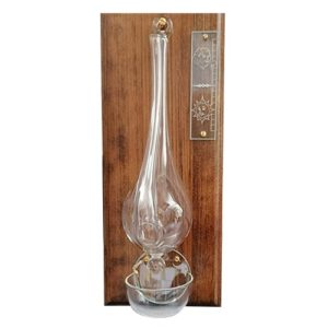Goethebarometer antiker Stil Wetterglas zum hängen mundgeblasen auf einem dunklen Holzbrett mit Wetterskala und Auffangschale Größe 14x34 cm