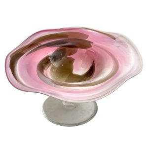 Deko Schale am klarem Fuß Durchmesser ca. 24-26 cm Höhe ca. 14 cm  rosa beige weiß marmoriert mit welligem Rand mundgeblasen Angebot